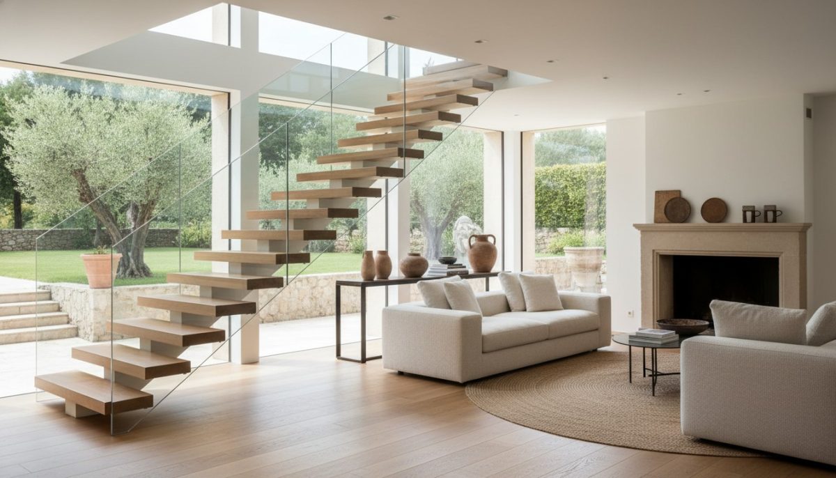 Espace moderne avec escalier bois et verre